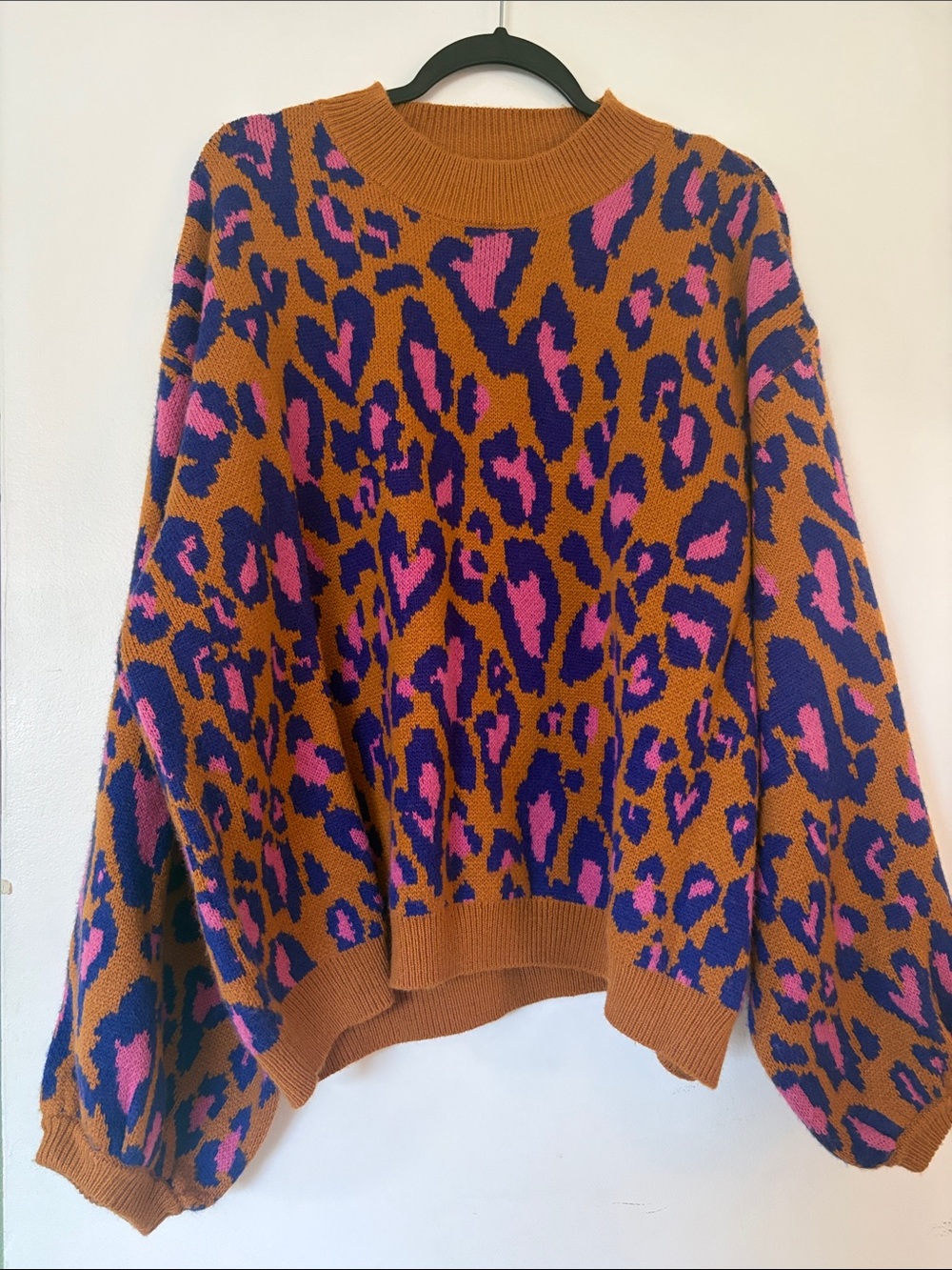 Farm Rio Bold Leopard-Print Crewneck Sweater in Brown, Pink & Blue